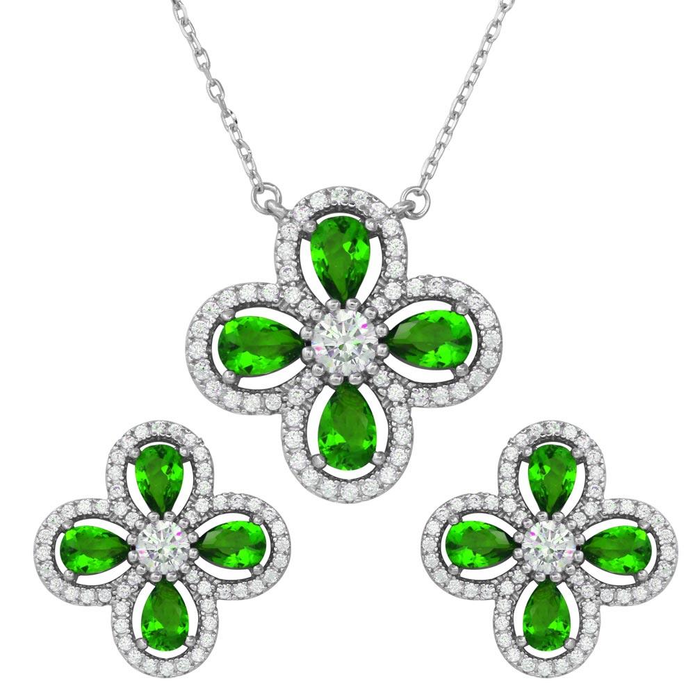 Rhodium Plated 925 Sterling Silver 4 Leaf Clover with Green Teardrop and Clear Round CZ - BGS00519GRN