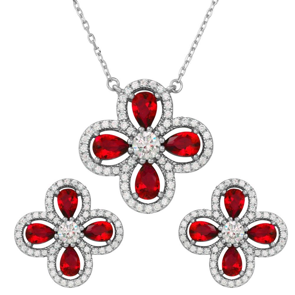 Rhodium Plated 925 Sterling Silver 4 Leaf Clover with Red Teardrop and Clear Round CZ - BGS00519RED