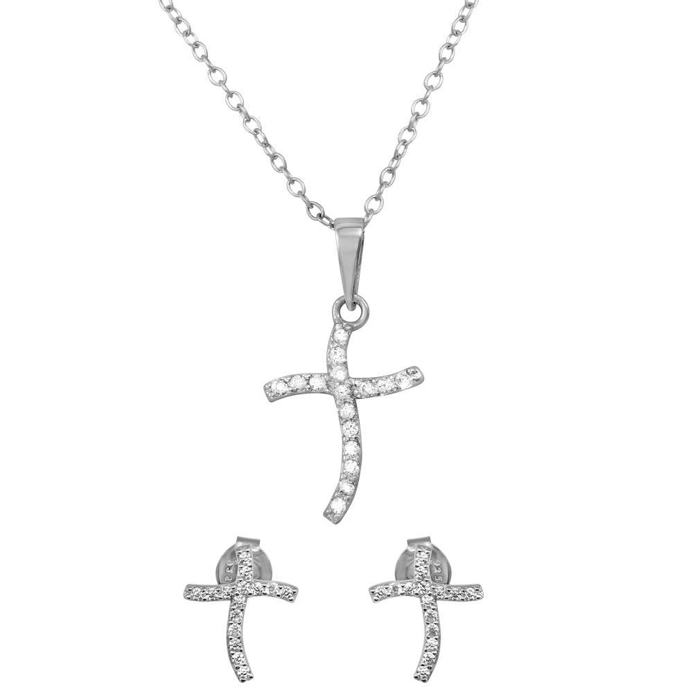 Rhodium Plated 925 Sterling Silver Wavy CZ Cross Set - BGS00521