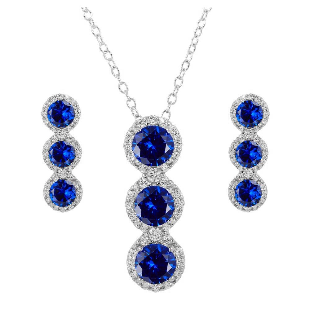 Rhodium Plated 925 Sterling Silver 3 Blue Stone CZ Stud Earring and Necklace Set - BGS00522BLU
