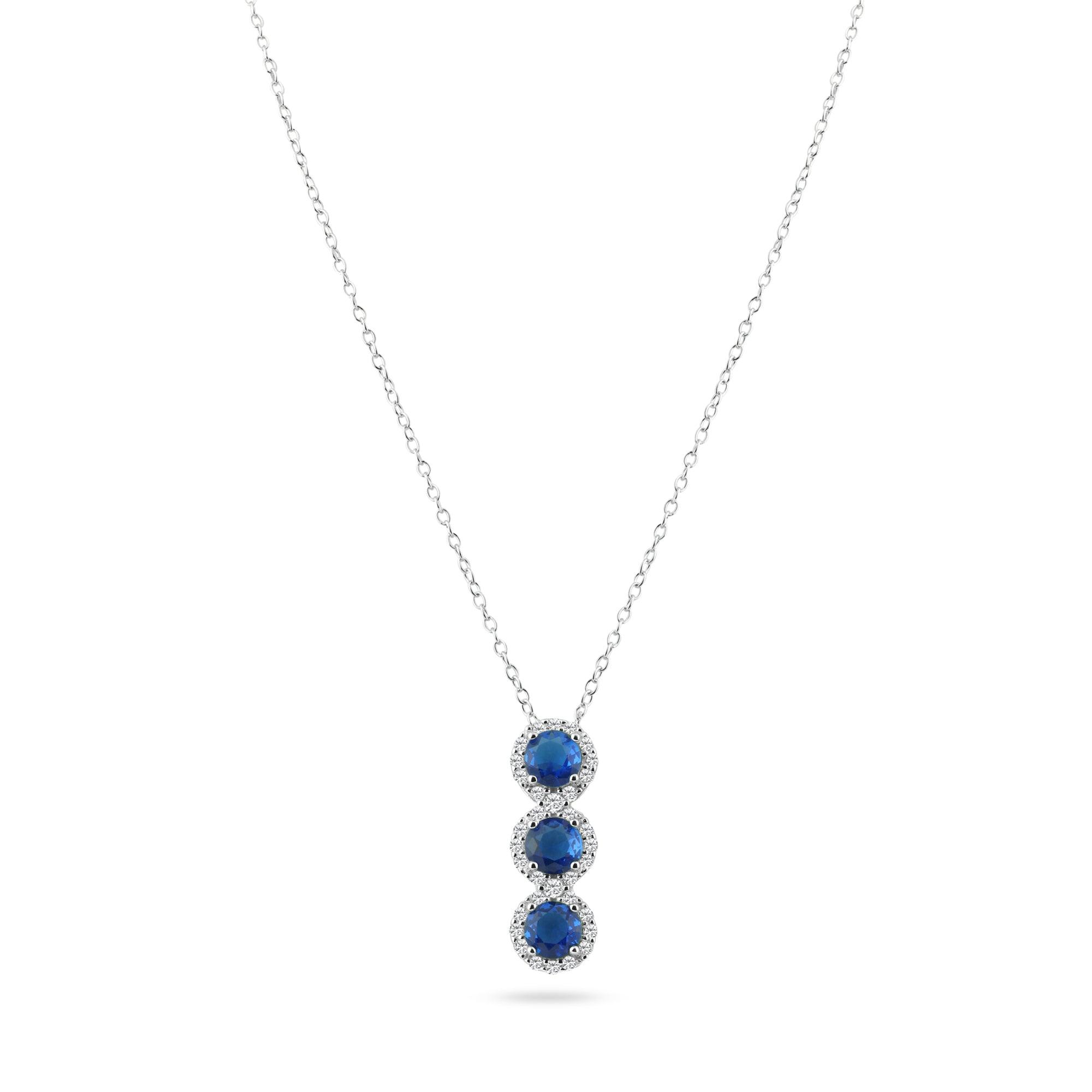 Rhodium Plated 925 Sterling Silver 3 Blue Stone CZ Stud Earring and Necklace Set - BGS00522BLU