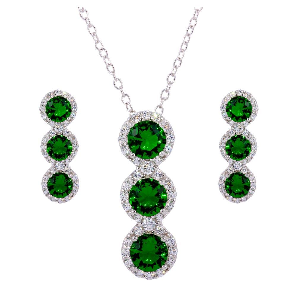 Rhodium Plated 925 Sterling Silver 3 Green Stone CZ Stud Earring and Necklace Set - BGS00522GRN