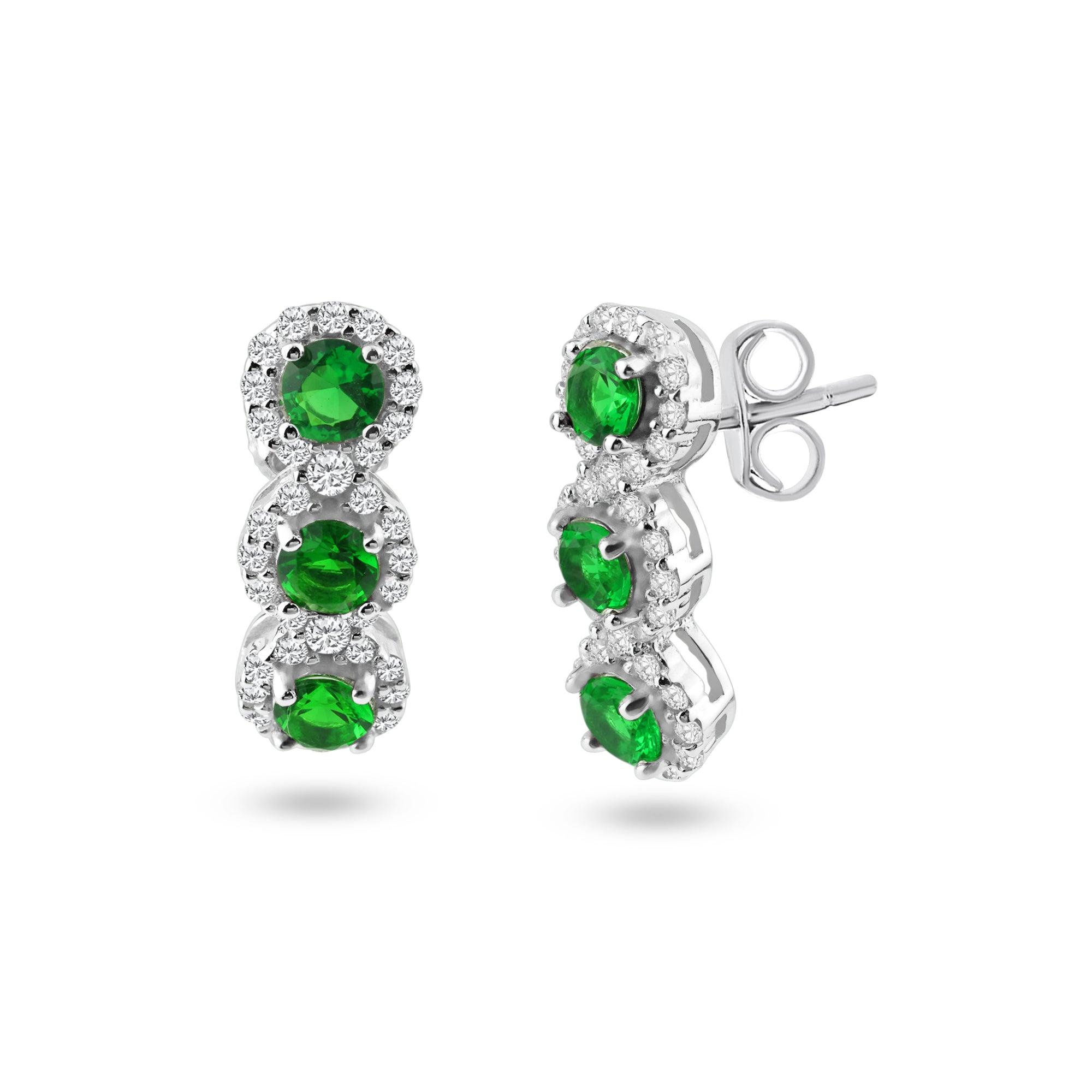 Rhodium Plated 925 Sterling Silver 3 Green Stone CZ Stud Earring and Necklace Set - BGS00522GRN