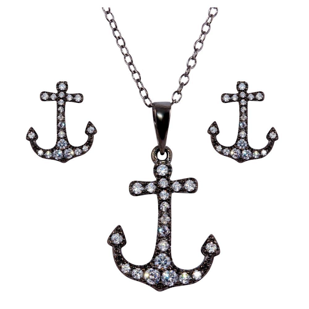 Rhodium Plated 925 Sterling Silver Anchor CZ Earring and Necklace Set - BGS00524