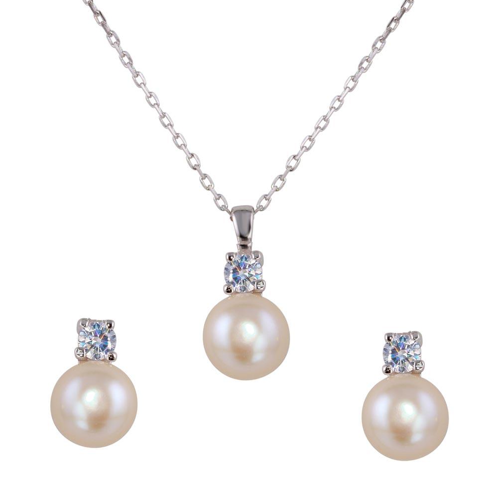 Rhodium Plated 925 Sterling Silver Synthetic Pearl Earring and Necklace Set with CZ - BGS00530