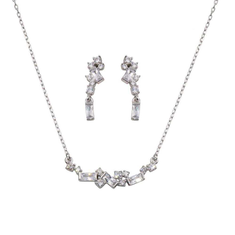 Rhodium Plated 925 Sterling Silver CZ and Baguette Stone Necklace and Earrings Set - BGS00532