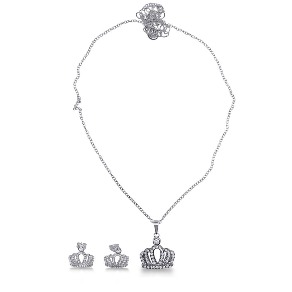 Rhodium Plated 925 Sterling Silver Crown Necklace and Earrings Set with CZ - BGS00533