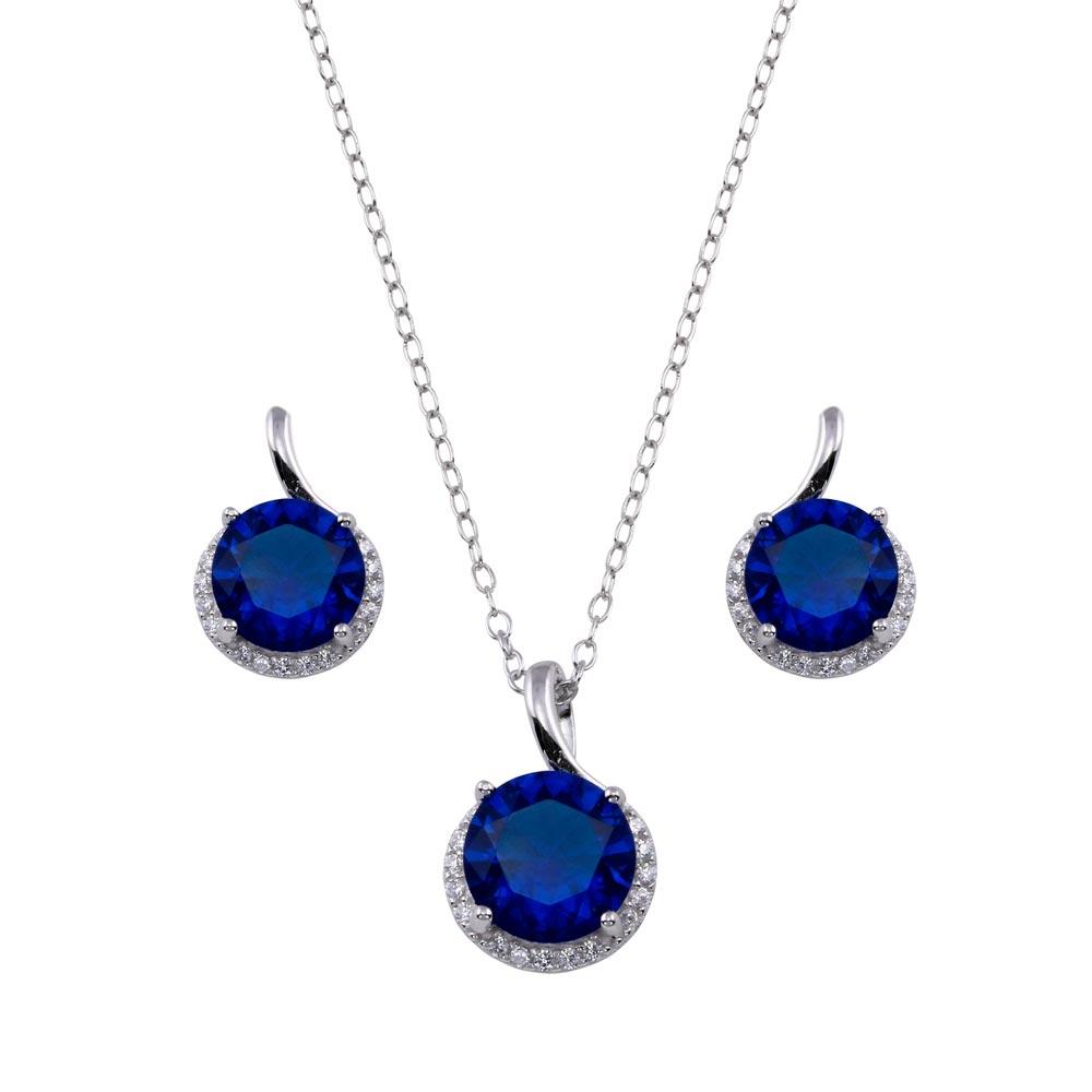 Rhodium Plated 925 Sterling Silver Blue CZ Earring and Necklace Set - BGS00534BLU