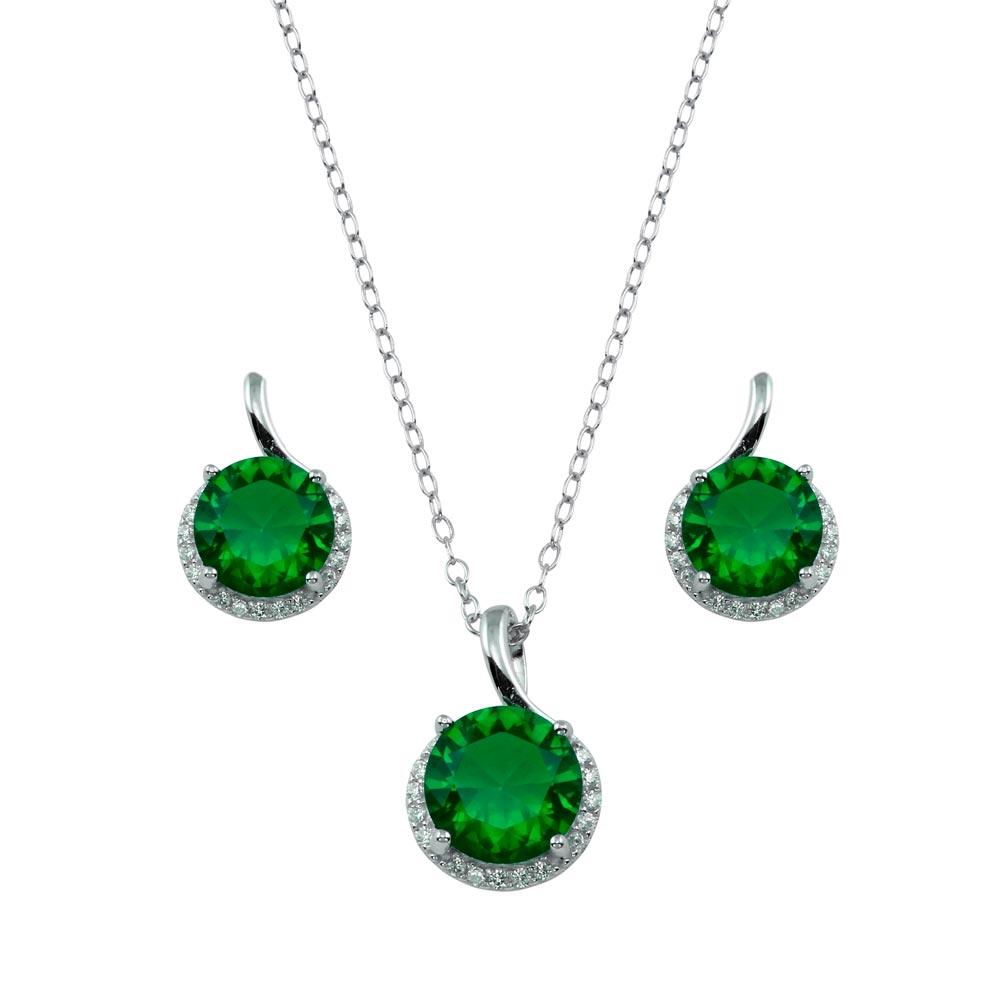 Rhodium Plated 925 Sterling Silver Green CZ Earring and Necklace Set - BGS00534GRN