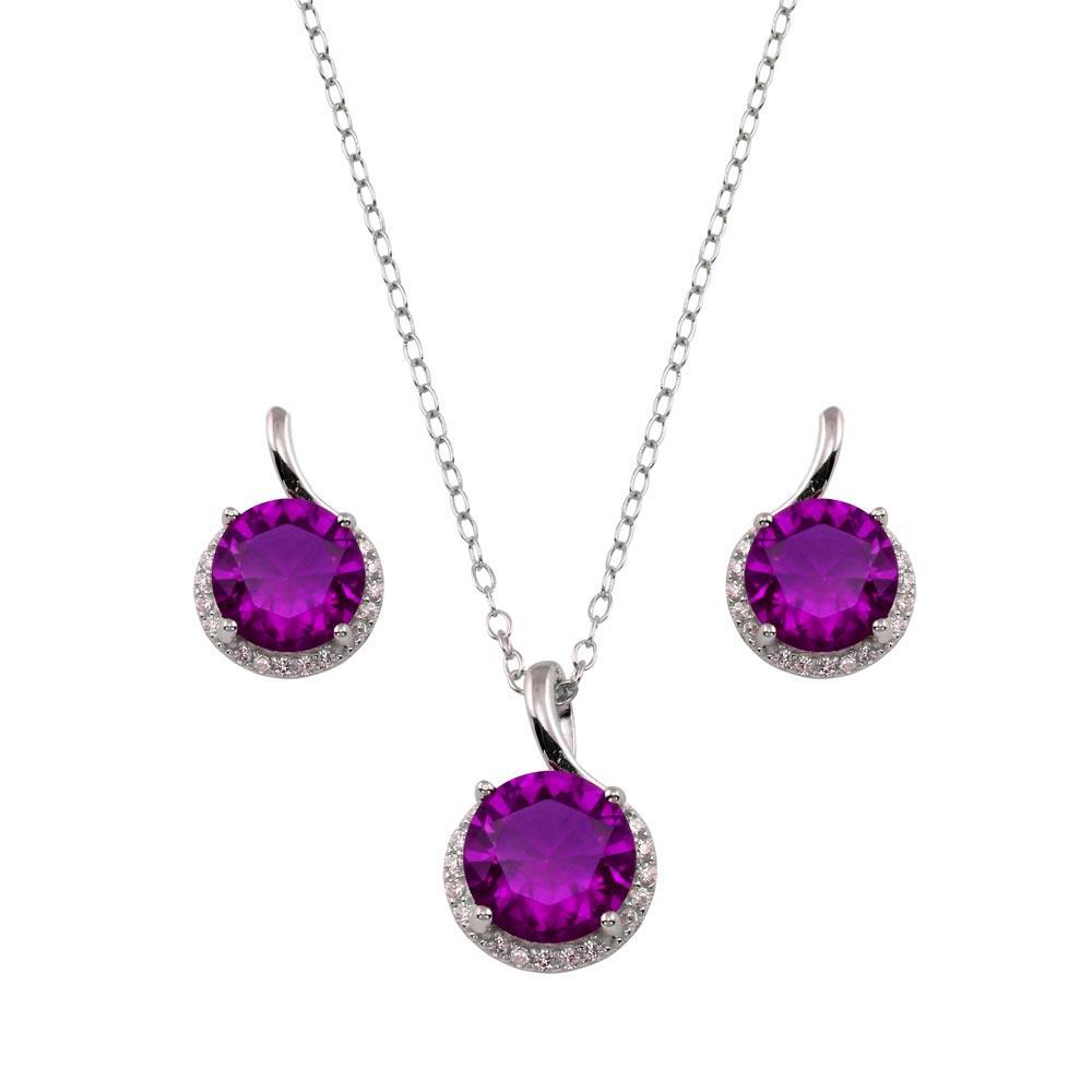 Rhodium Plated 925 Sterling Silver Purple CZ Earring and Necklace Set - BGS00534PUR