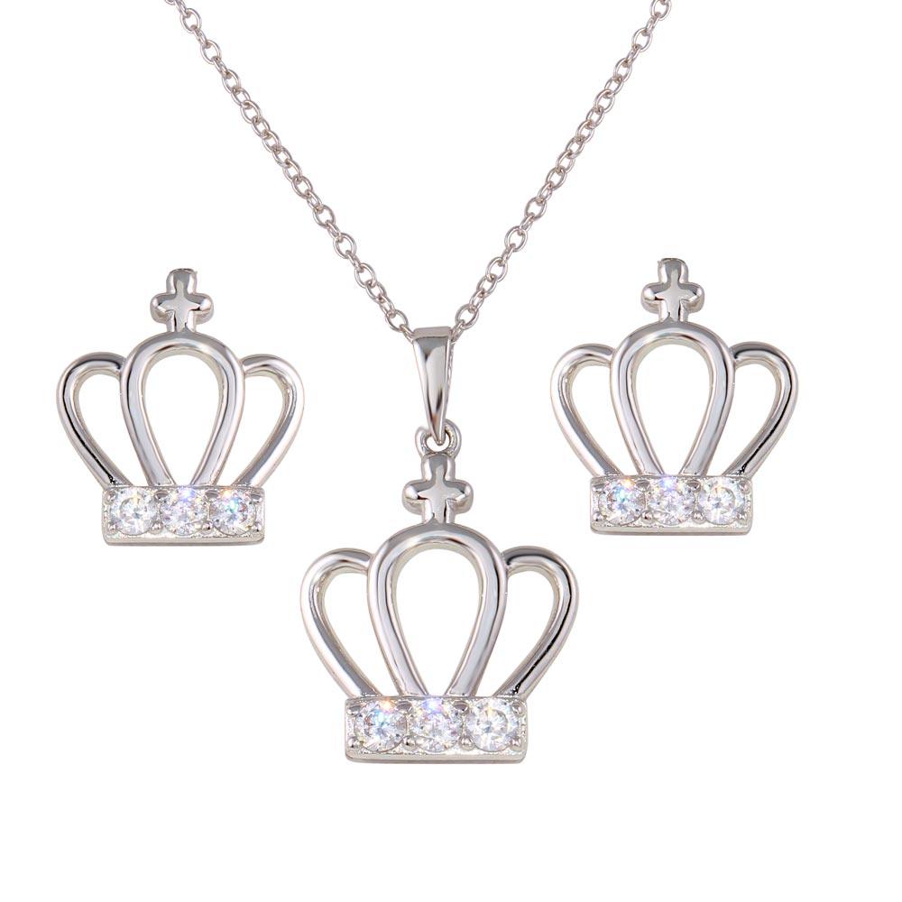 Rhodium Plated 925 Sterling Silver Crown Earrings and Necklace Set with CZ - BGS00535