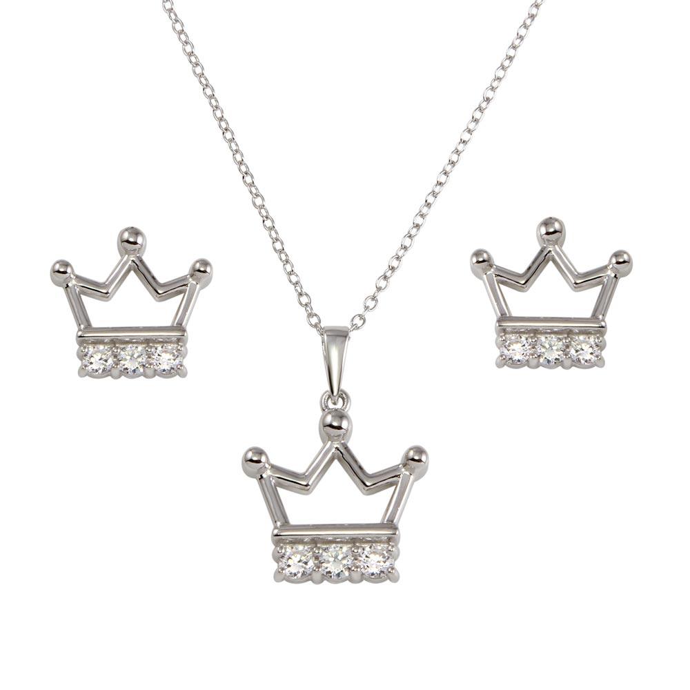 Rhodium Plated 925 Sterling Silver Crown Necklace and Earrings Set with CZ - BGS00536