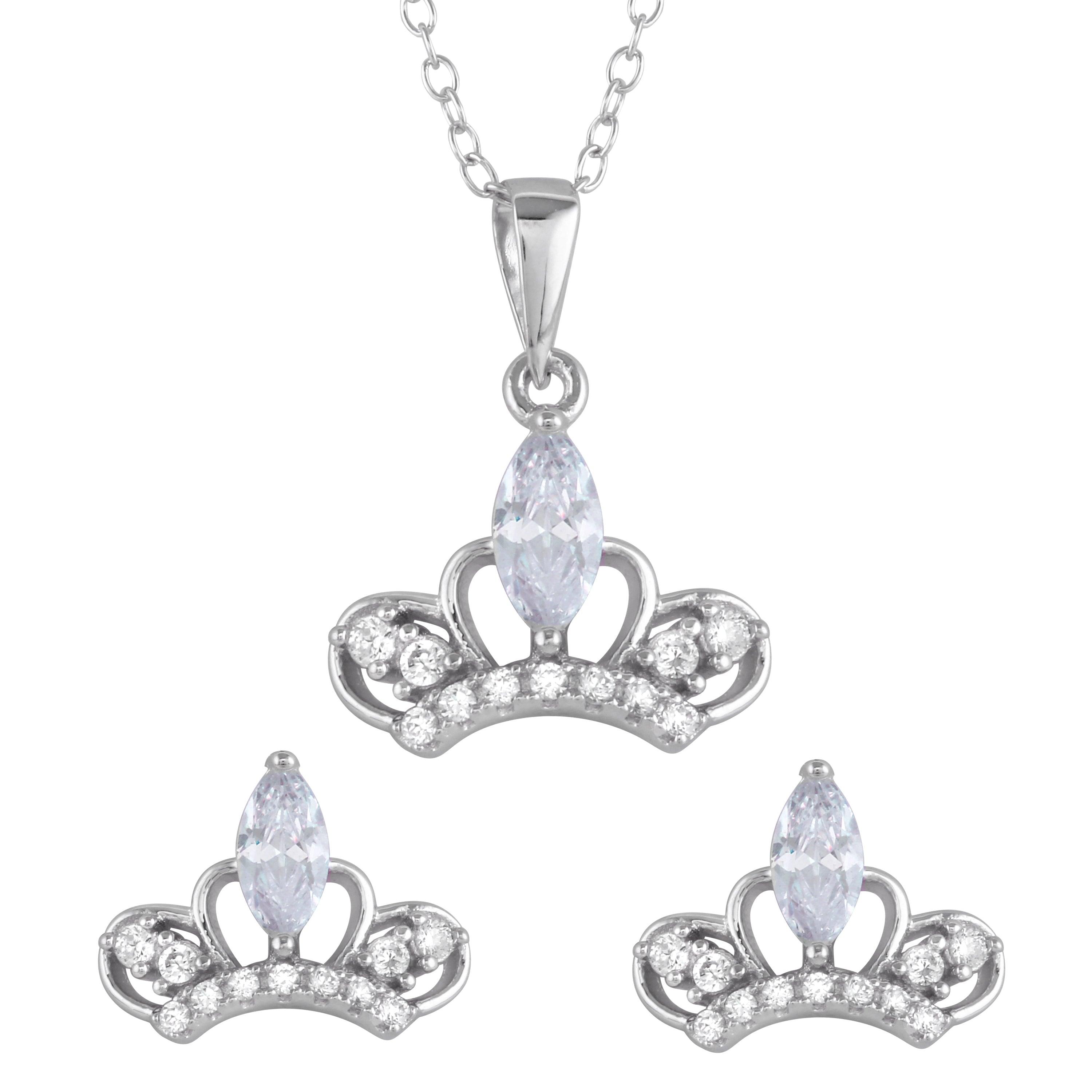 Rhodium Plated 925 Sterling Silver Clear CZ Crown Earrings and Necklace Set - BGS00537