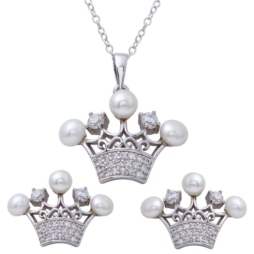 Rhodium Plated 925 Sterling Silver CZ Crown Pendant and Earrings Set with Synthetic Pearls - BGS00540