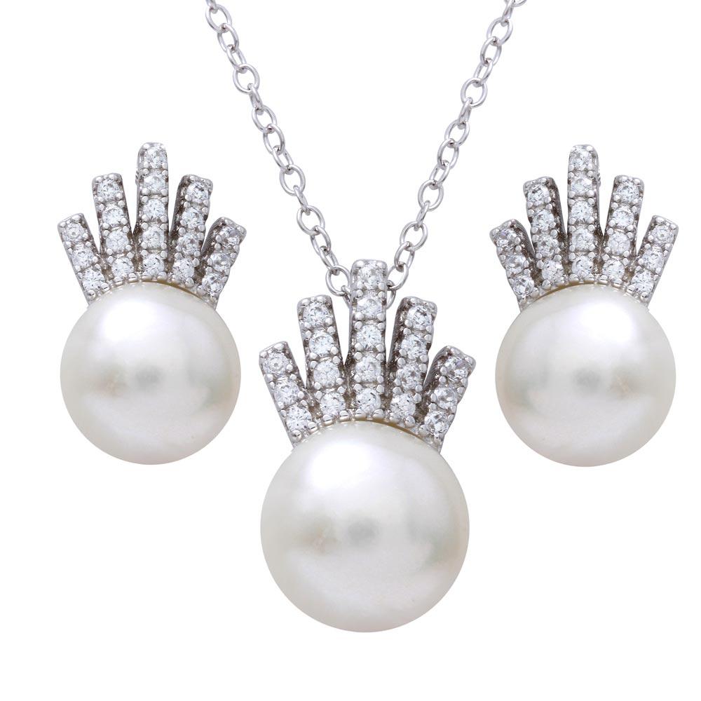 Rhodium Plated 925 Sterling Silver Synthetic Pearl with CZ Crown Pendant Necklace and Earrings Set - BGS00541