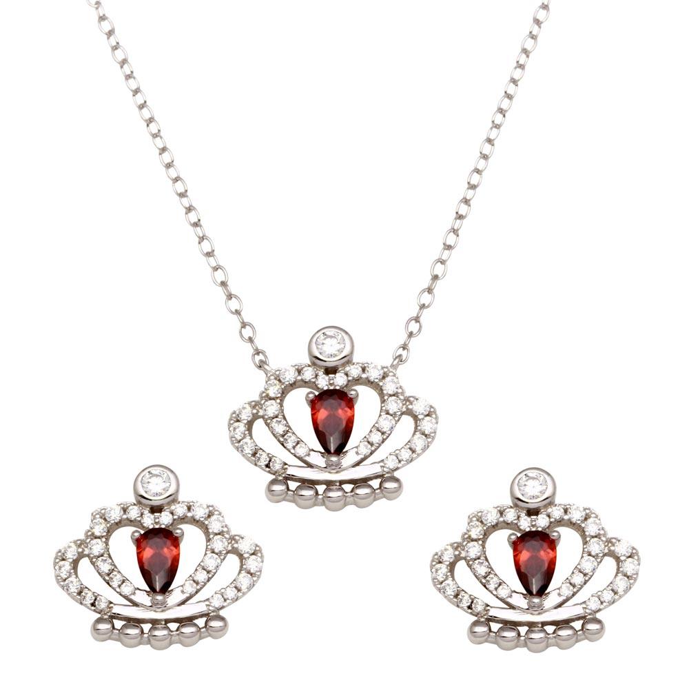 Rhodium Plated 925 Sterling Silver Red CZ Crown Set - BGS00542RED