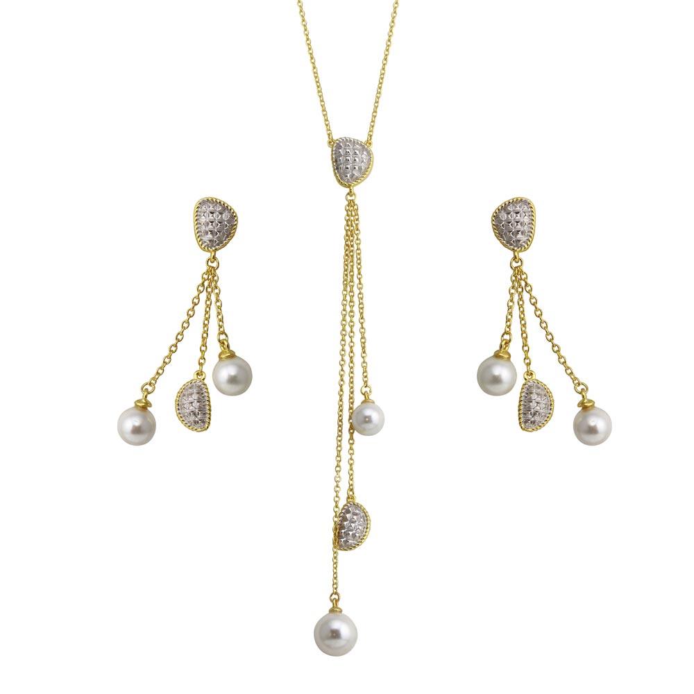 Two-Tone 925 Sterling Silver Gold Plated Drop 3 Stranded Synthetic Pearl Set - BGS00545