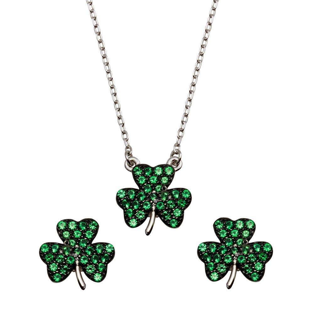 Rhodium Plated 925 Sterling Silver Mini Green Clover Necklace and Earrings Set with CZ - BGS00547GRN