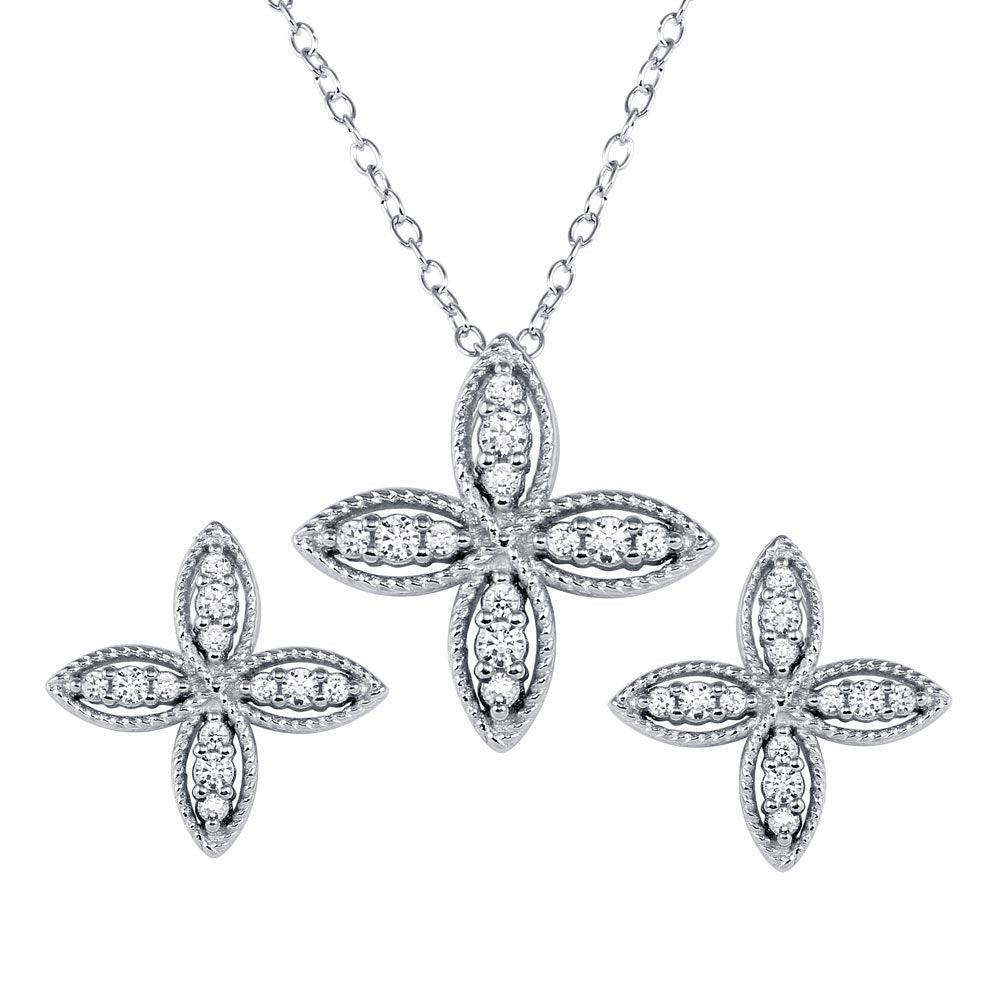 Rhodium Plated 925 Sterling Silver Four Petal Flower Necklace and Earrings Set - BGS00550