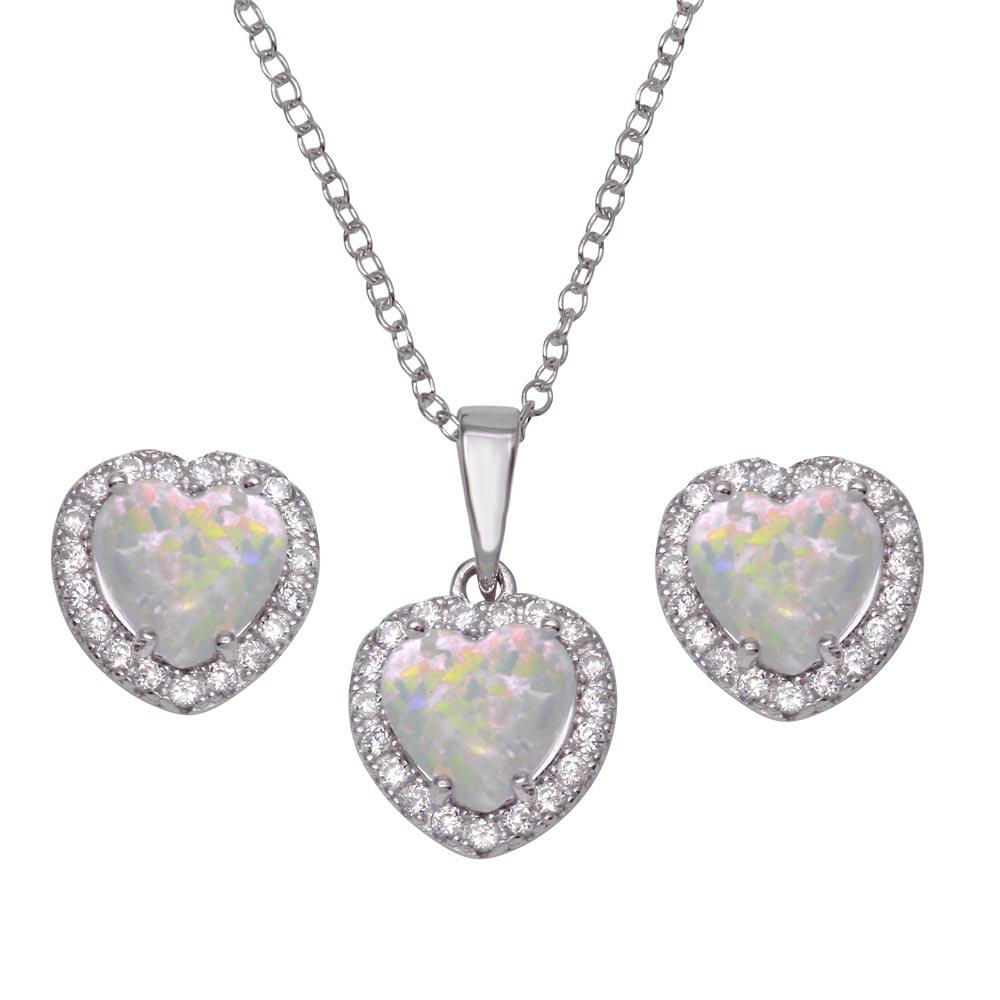 Rhodium Plated 925 Sterling Silver Halo Heart Set with Synthetic Opal and CZ - BGS00552