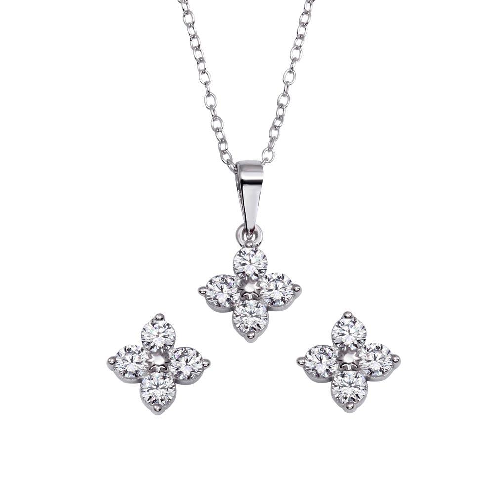 Rhodium Plated 925 Sterling Silver CZ Flower Pendant Necklace and Stud Earrings Set - BGS00554