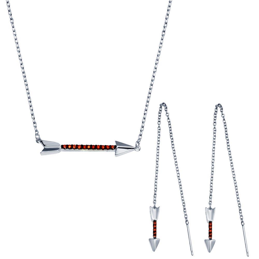 Rhodium Plated 925 Sterling Silver Arrow Pendant Necklace and Dangling Earrings Set with Red CZ - BGS00558RED