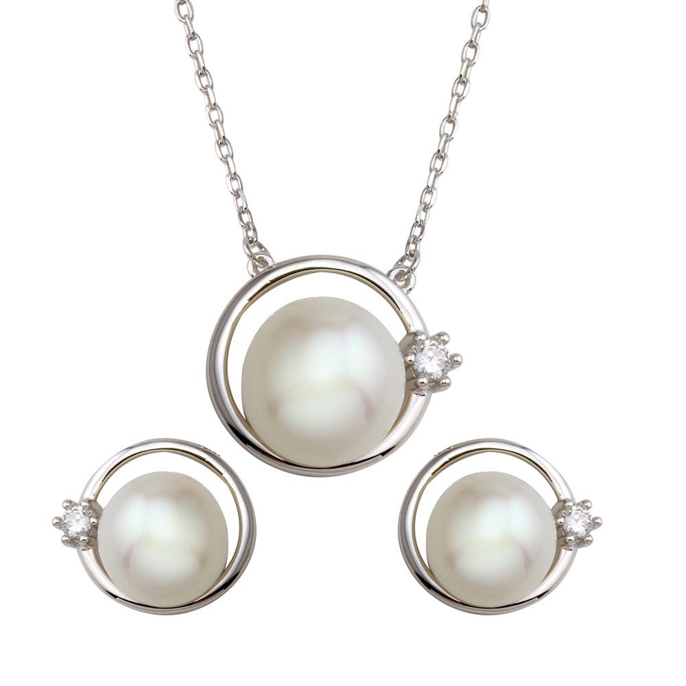 Rhodium Plated 925 Sterling Silver Round Synthetic Pearl with CZ Set - BGS00559