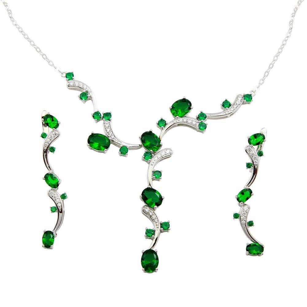 Rhodium Plated 925 Sterling Silver Green CZ Necklace and Dangling Earring Set - BGS00560