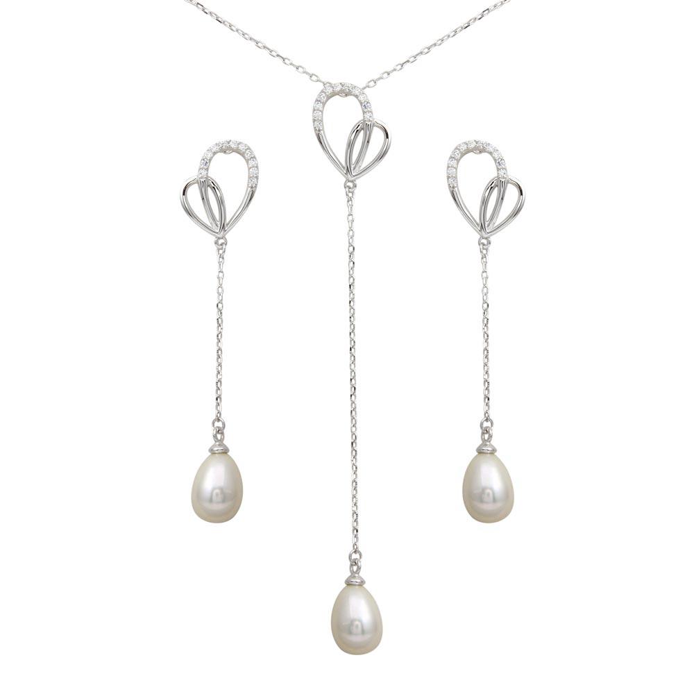 Rhodium Plated 925 Sterling Silver CZ Open Heart with Fresh Water Pearl Dangling Set - BGS00562