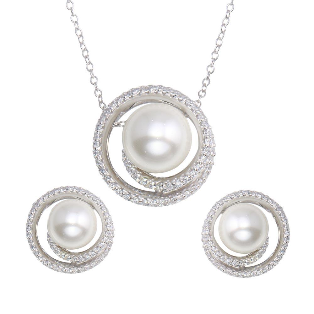 Rhodium Plated 925 Sterling Silver Spiral CZ With Synthetic Center Pearl Set - BGS00564