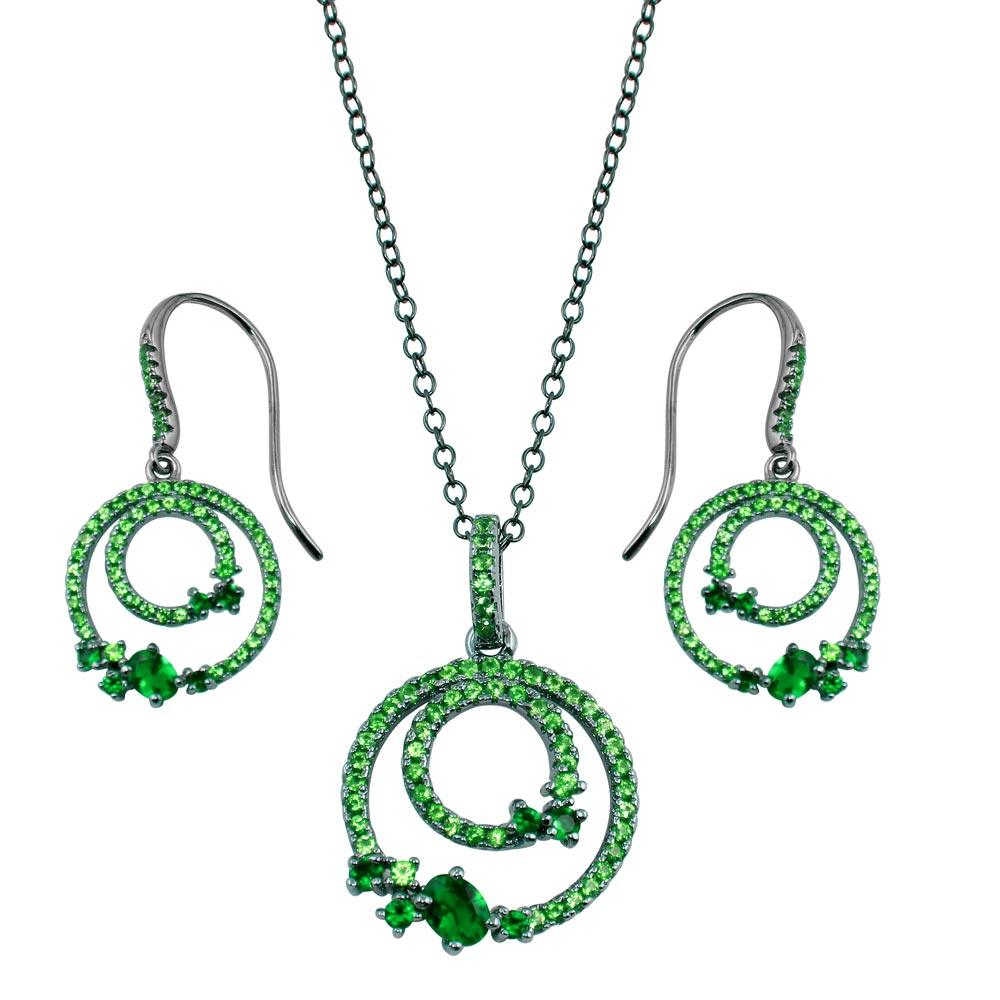 Rhodium Plated 925 Sterling Silver Double Circle Earrings and Necklace Set with Green CZ - BGS00565GRN