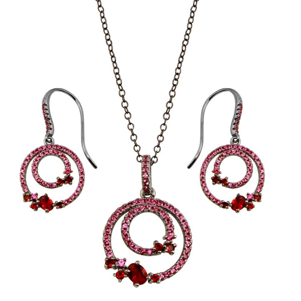 Rhodium Plated 925 Sterling Silver Double Circle Earrings and Necklace Set with Red CZ - BGS00565RED