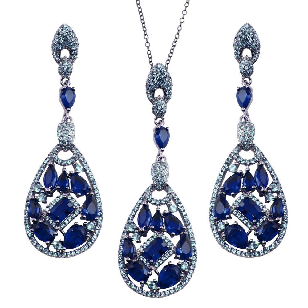 Rhodium Plated 925 Sterling Silver Dangling Teardrop Necklace and Earrings Set with Blue CZ - BGS00567BLU