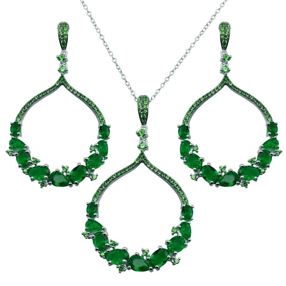 Rhodium Plated 925 Sterling Silver Dangling Round Pendant Set with Green CZ - BGS00568GRN