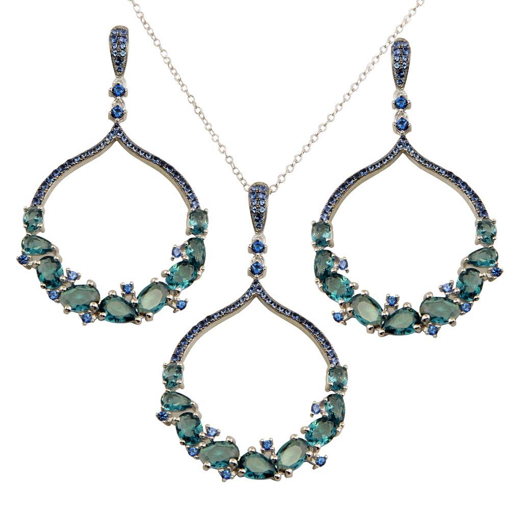 Rhodium Plated 925 Sterling Silver Dangling Round Pendant Set with Teal Blue CZ - BGS00568LTBLU