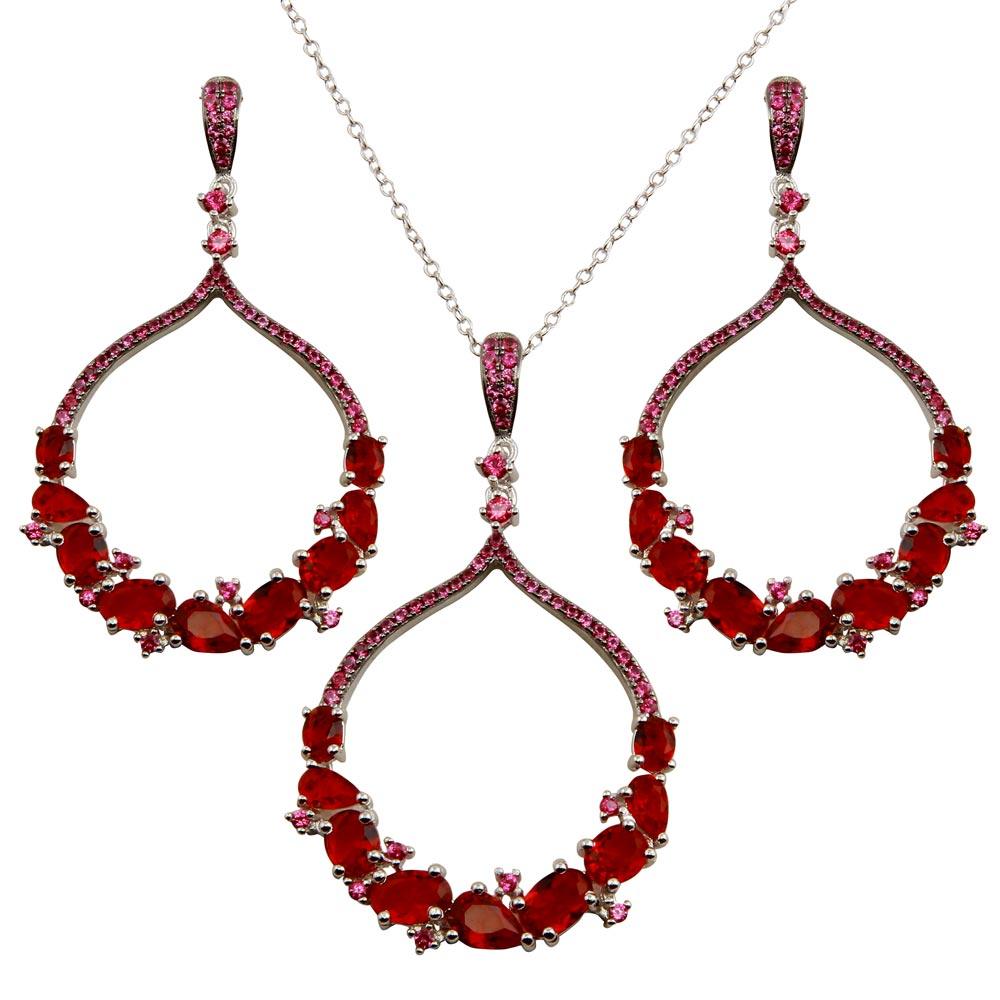 Rhodium Plated 925 Sterling Silver Dangling Round Pendant Set with Red CZ - BGS00568RED