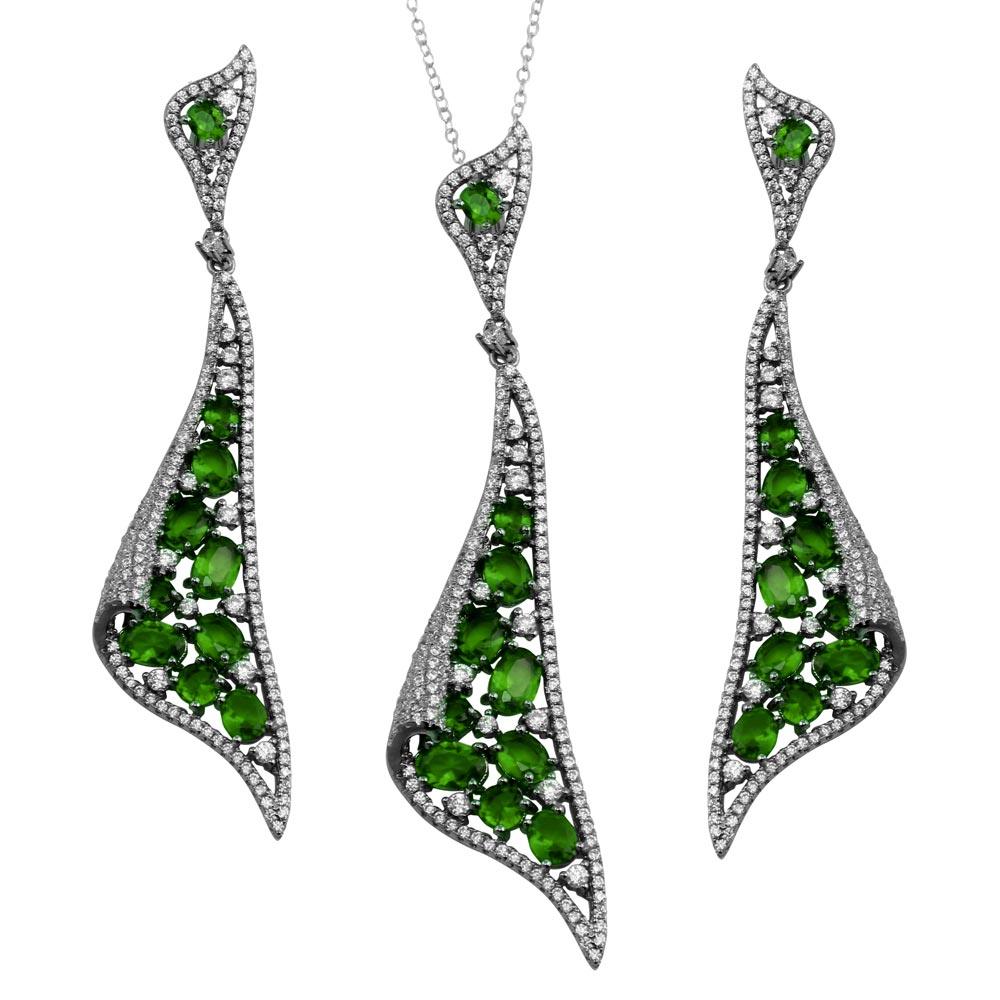 Rhodium Plated 925 Sterling Silver Dangling Earrings and Necklace Set with Green CZ - BGS00569GRN