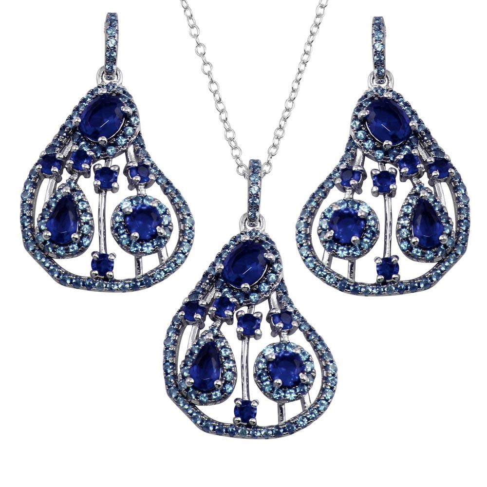 Rhodium Plated 925 Sterling Silver Dangling Pear-Shaped Necklace and Earrings Set with Blue CZ - BGS00570BLU