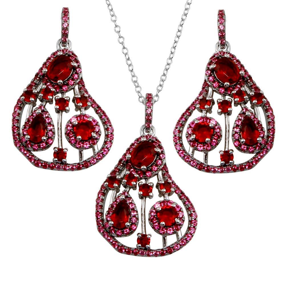 Rhodium Plated 925 Sterling Silver Dangling Pear-Shaped Necklace and Earrings Set with Red CZ - BGS00570RED