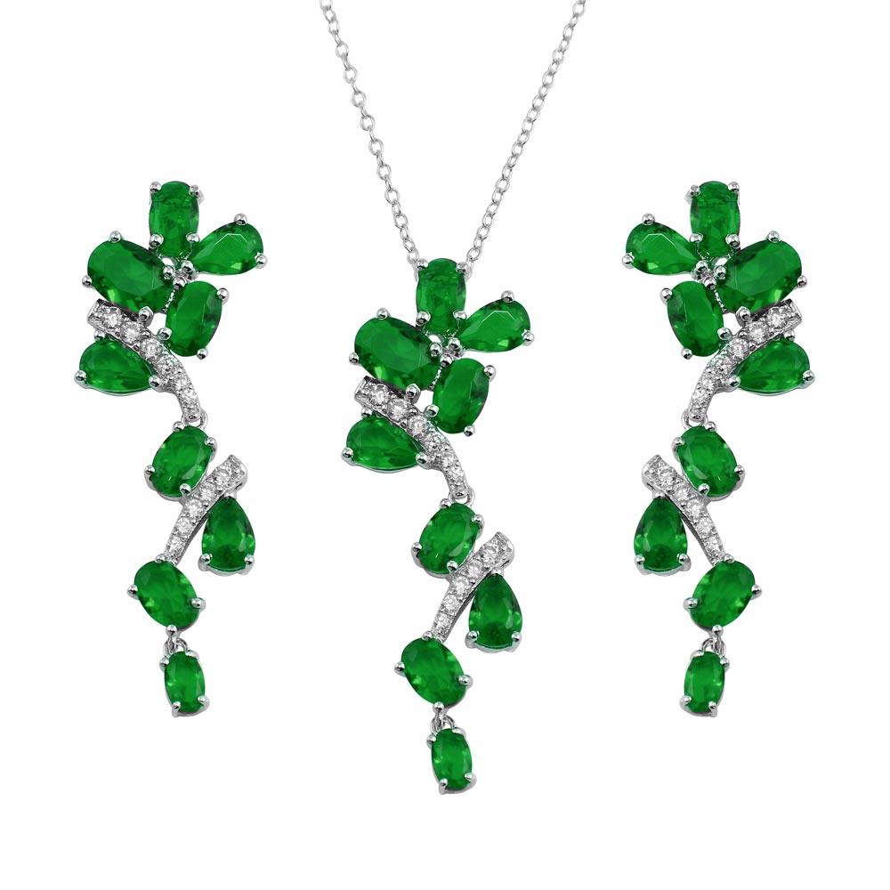 Rhodium Plated 925 Sterling Silver Dangling Flower Necklace and Earrings Set with Green CZ - BGS00571GRN