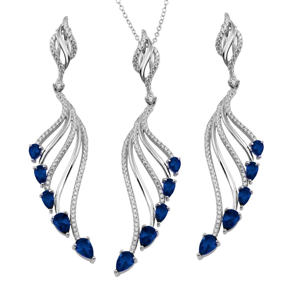 Rhodium Plated 925 Sterling Silver Wing Necklace and Earrings Set with Blue CZ - BGS00572BLU