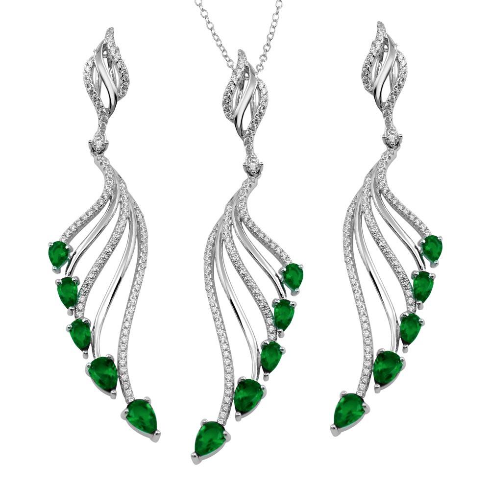 Rhodium Plated 925 Sterling Silver Wing Necklace and Earrings Set with Green CZ - BGS00572GRN