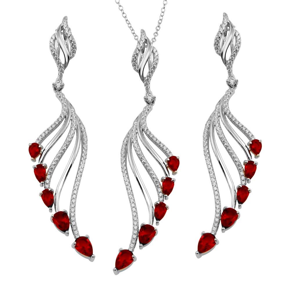 Rhodium Plated 925 Sterling Silver Wing Necklace and Earrings Set with Red CZ - BGS00572RED