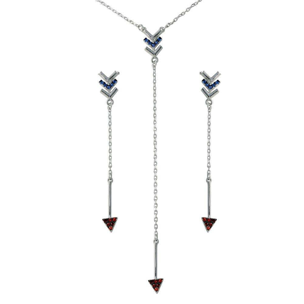 Rhodium Plated 925 Sterling Silver Dangling Arrow Earrings and Necklace set with CZ - BGS00573