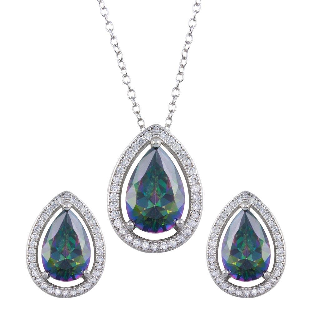 Rhodium Plated 925 Sterling Silver Halo Teardrop Synthetic Mystic Topaz CZ Set - BGS00580