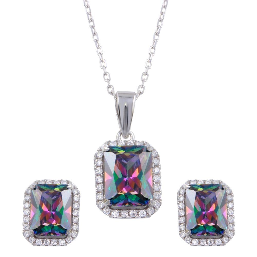 Rhodium Plated 925 Sterling Silver Halo Rectangle Synthetic Mystic Topaz CZ Set - BGS00582