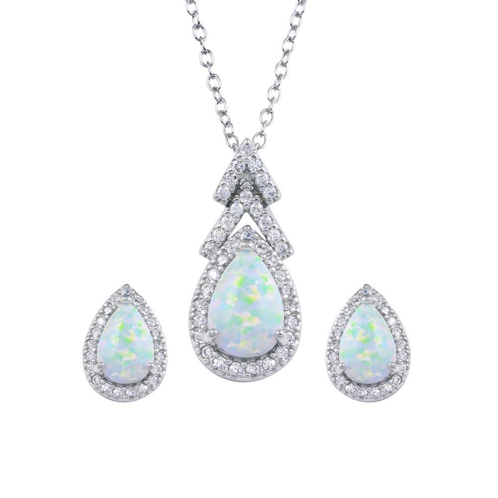 Rhodium Plated 925 Sterling Silver Synthetic Opal Teardrop CZ Set - BGS00584