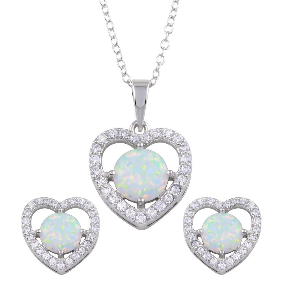 Rhodium Plated 925 Sterling Silver Synthetic Opal Heart CZ Set - BGS00585