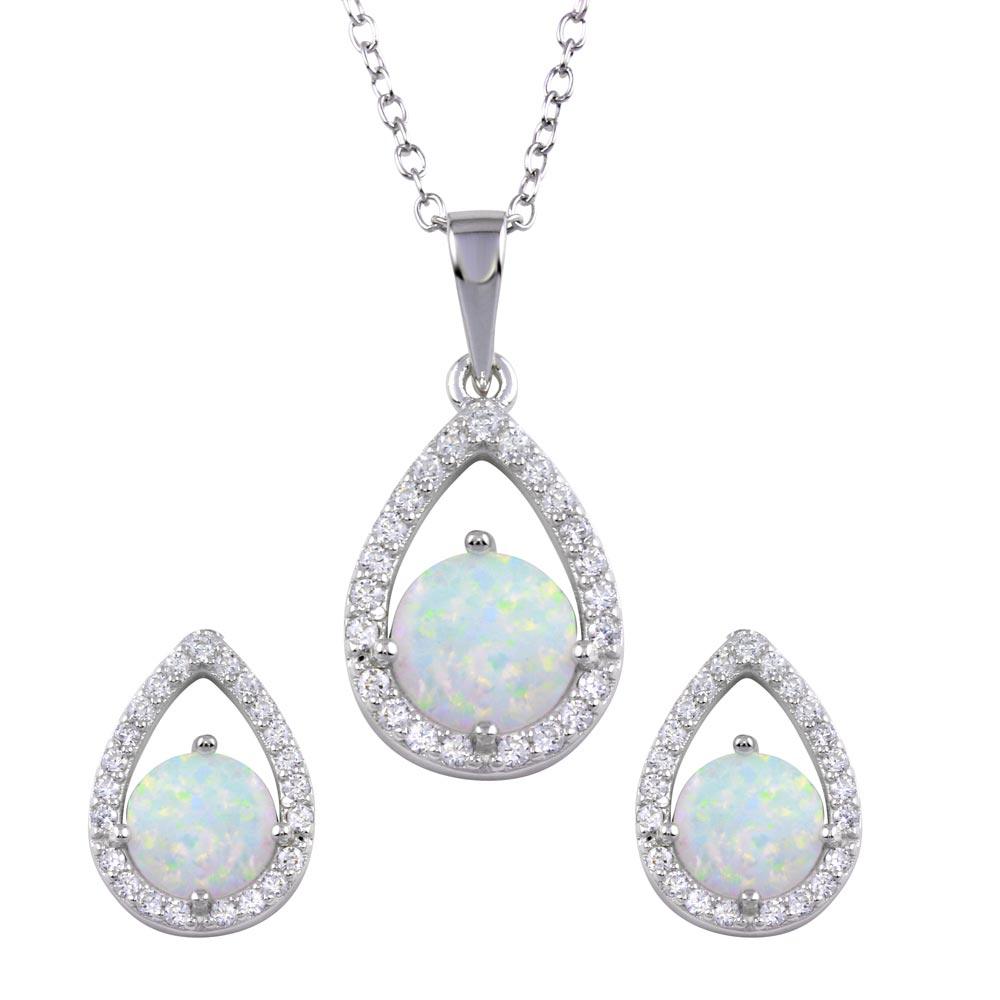 Rhodium Plated 925 Sterling Silver Synthetic Opal Open Teardrop CZ Set - BGS00586