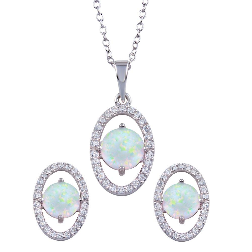 Rhodium Plated 925 Sterling Silver Synthetic Opal Center Open Oval CZ Set - BGS00587